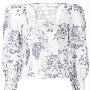 Reformation Stilton Pompadour white blue puff-sleeve linen blouse Sz 2 Like NEW